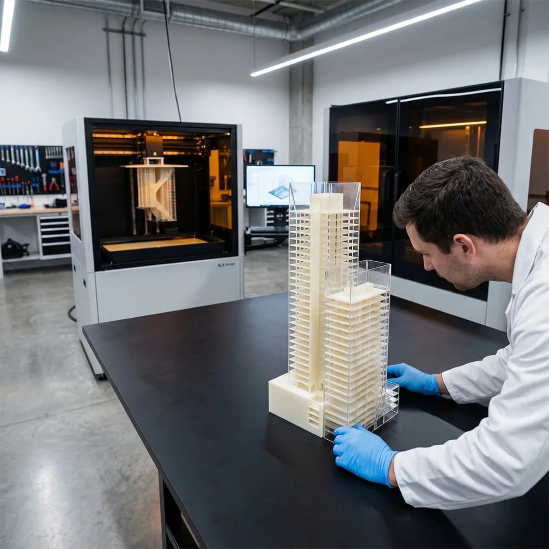 Ein Mann mit blauen Handschuhen inspiziert ein detailliertes architektonisches Modell mehrerer Hochhäuser in einem Labor mit 3D-Druckern im Hintergrund.