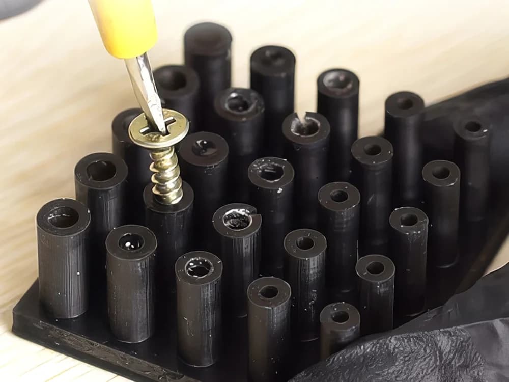 Schwarze Platte aus ABS110 mit einem Raster hohler Stege, in einen davon wird gerade eine Schraube eingedreht.