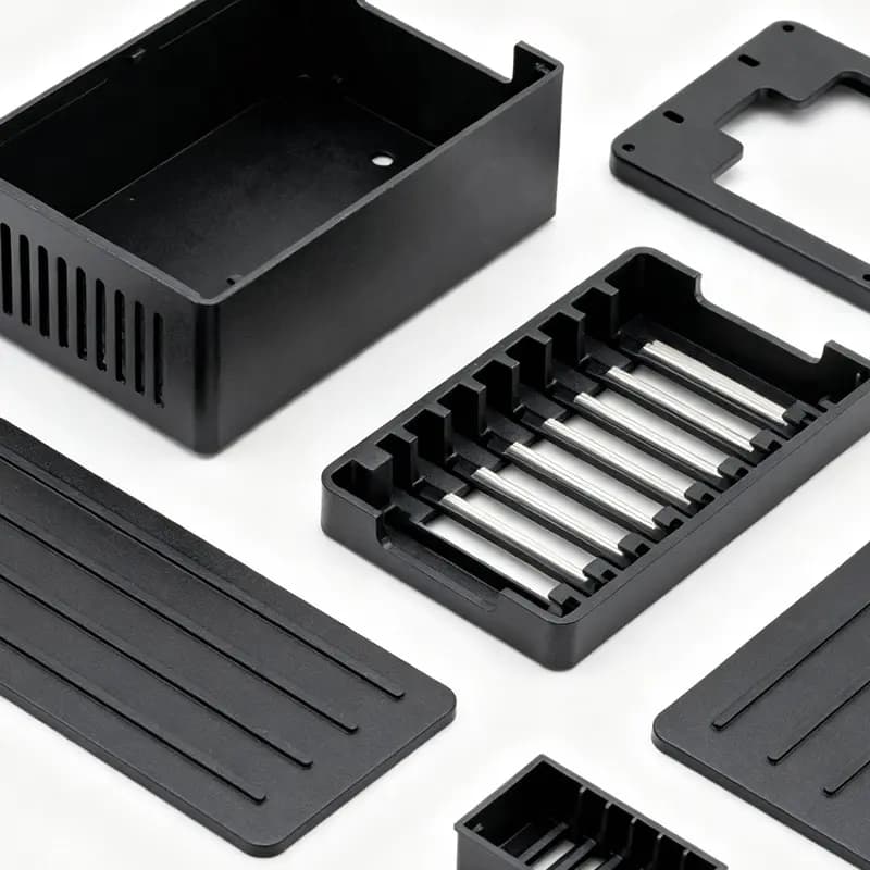 Schwarze Kunststoffteile und Metallstangen eines zerlegten Elektronikgehäuses auf weißem Hintergrund.