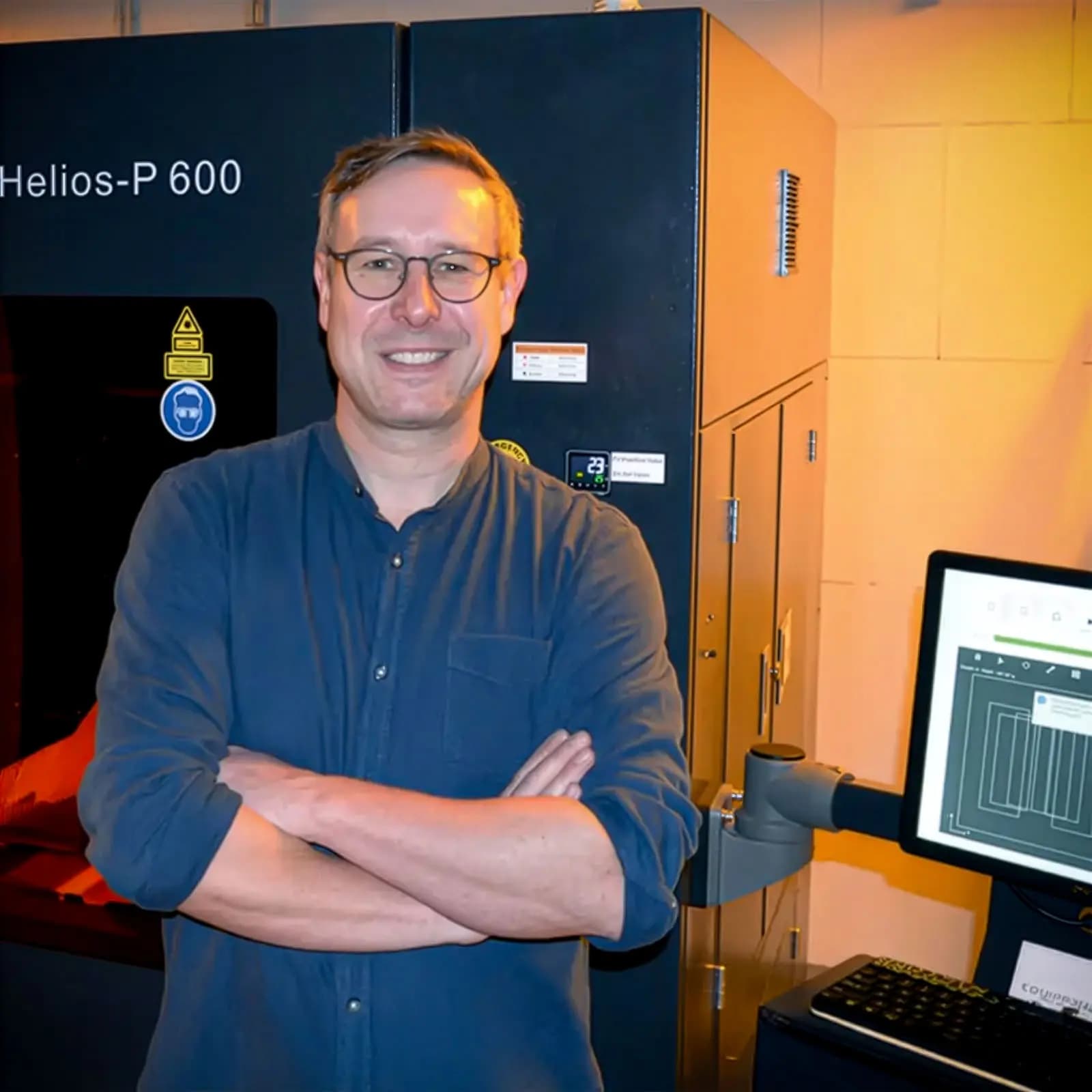 Ein Mann mit Brille und blauem Hemd steht mit verschränkten Armen vor einer Maschine.