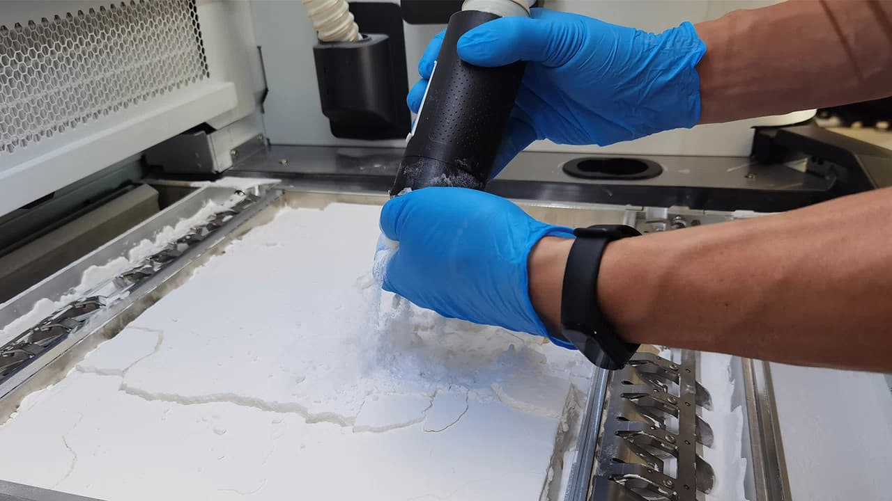Person mit blauen Handschuhen, der Pulver in eine Maschine streut, vermutlich für den 3D-Druck.