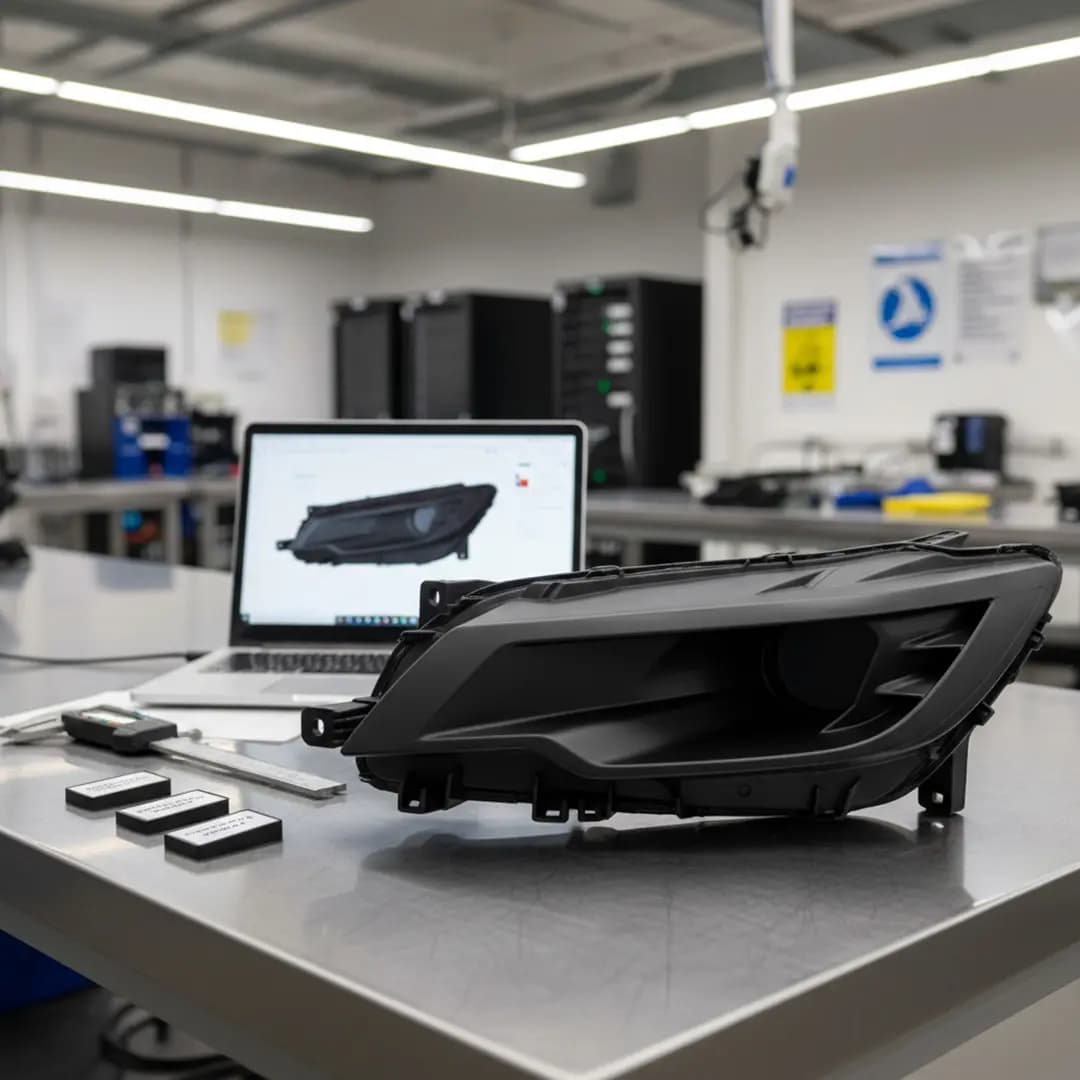 Ein schwarzes Autolichtgehäuse auf einem Metalltisch vor einem Laptop mit der digitalen Darstellung desselben Teils in einem technischen Arbeitsumfeld.