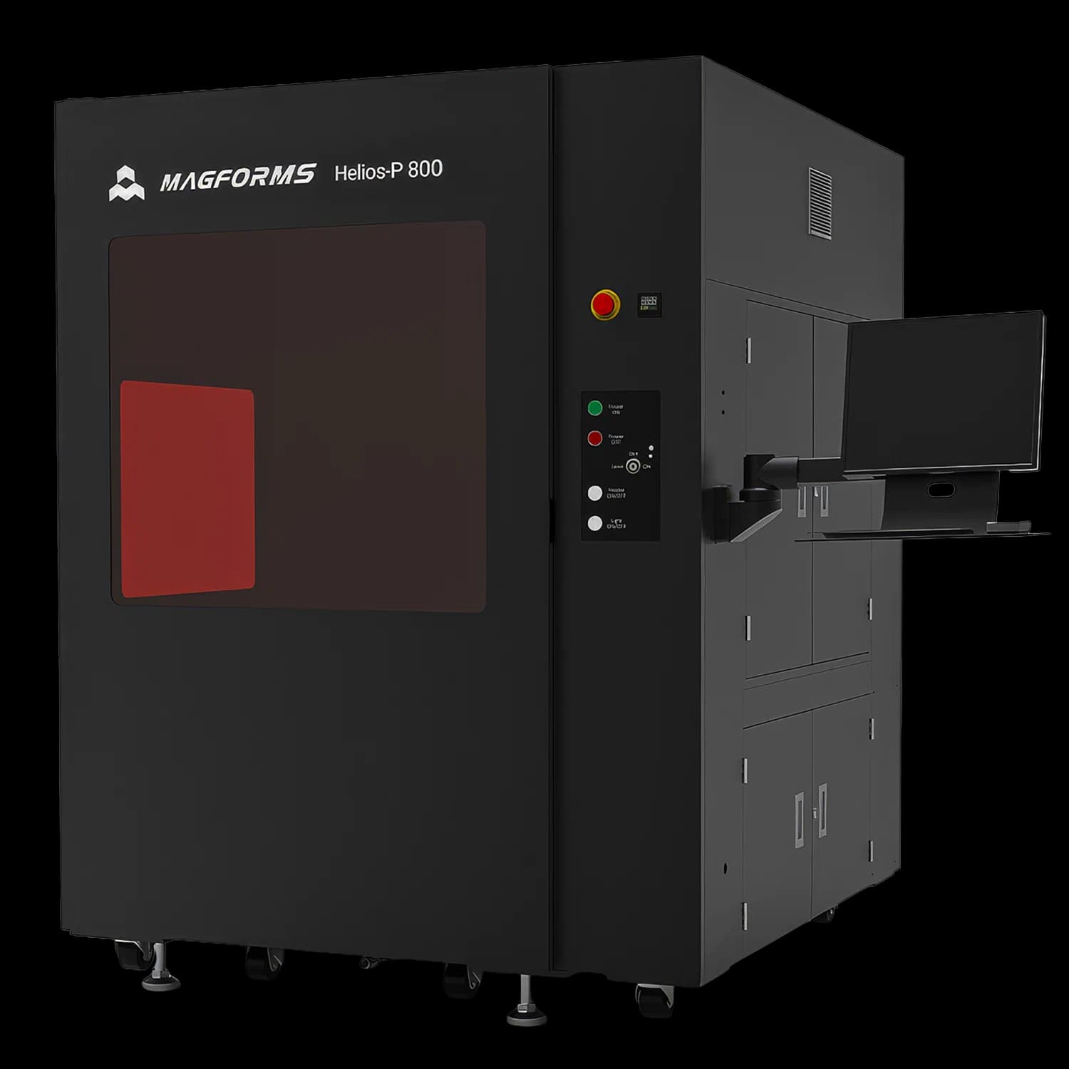 Große schwarze industrielle Maschine mit rotem Sichtfenster, Monitor und Signalleuchte oben.