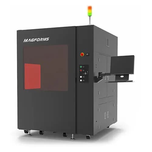 Schwarze industrielle Maschine mit rotem Fenster, Monitor und Kontrollleuchten.
