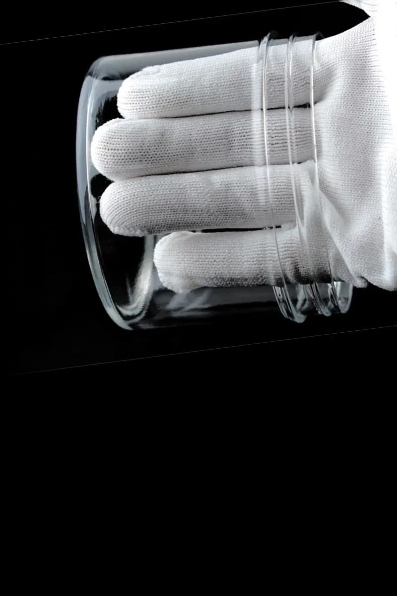 Hand mit weißem Handschuh steckt in einem durchsichtigen Glas vor schwarzem Hintergrund.