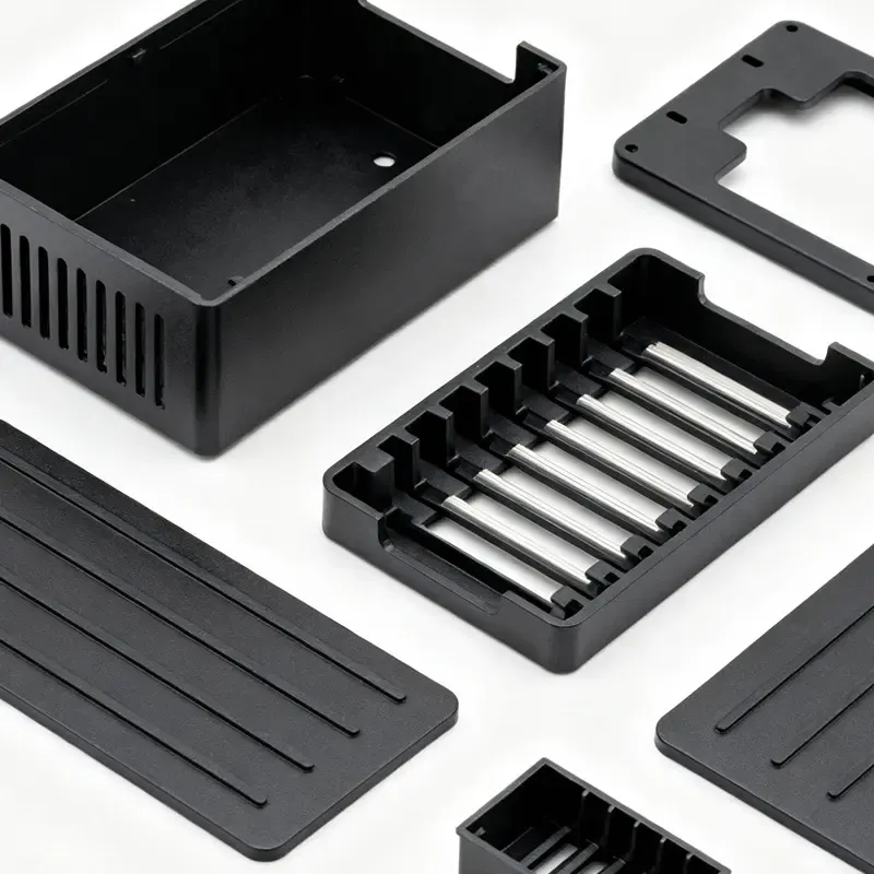 Schwarze Kunststoffteile und Metallstangen eines zerlegten Elektronikgehäuses auf weißem Hintergrund.