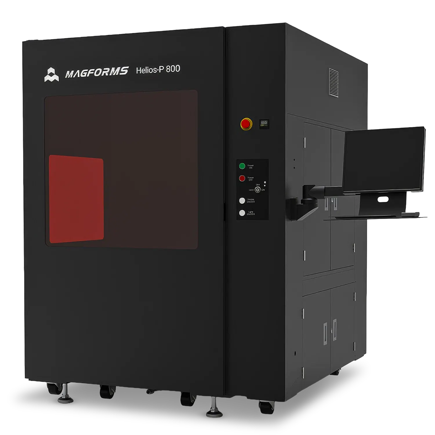 Große schwarze industrielle Maschine mit rotem Sichtfenster, Monitor und Signalleuchte oben.