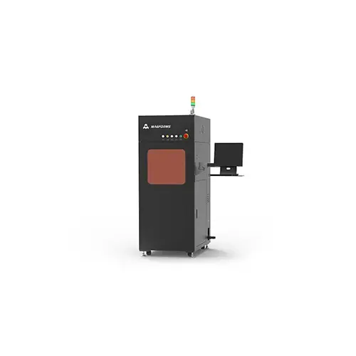 Schwarze industrielle Laser-Maschine mit integriertem Monitor und Steuerlichtern.